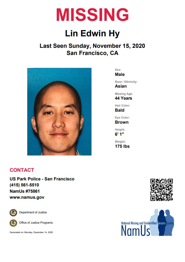 Lin Hy was last seen on November 15, 2020, in San Francisco, California. More information regarding his disappearance can be found in his #NamUs case file: namus.gov/MissingPersons…