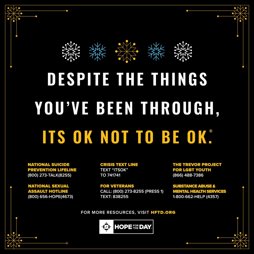 HopeForTheDay's tweet photo. Sometimes the holidays don't feel so jolly... sometimes spreading some cheer for yourself + others can help with that! Here are a few simple ways you can take care during the holidays! No matter what you're going through this season, or this year, it's ok not to be ok. 🤘🖤 https://t.co/7ktRQbFUiV