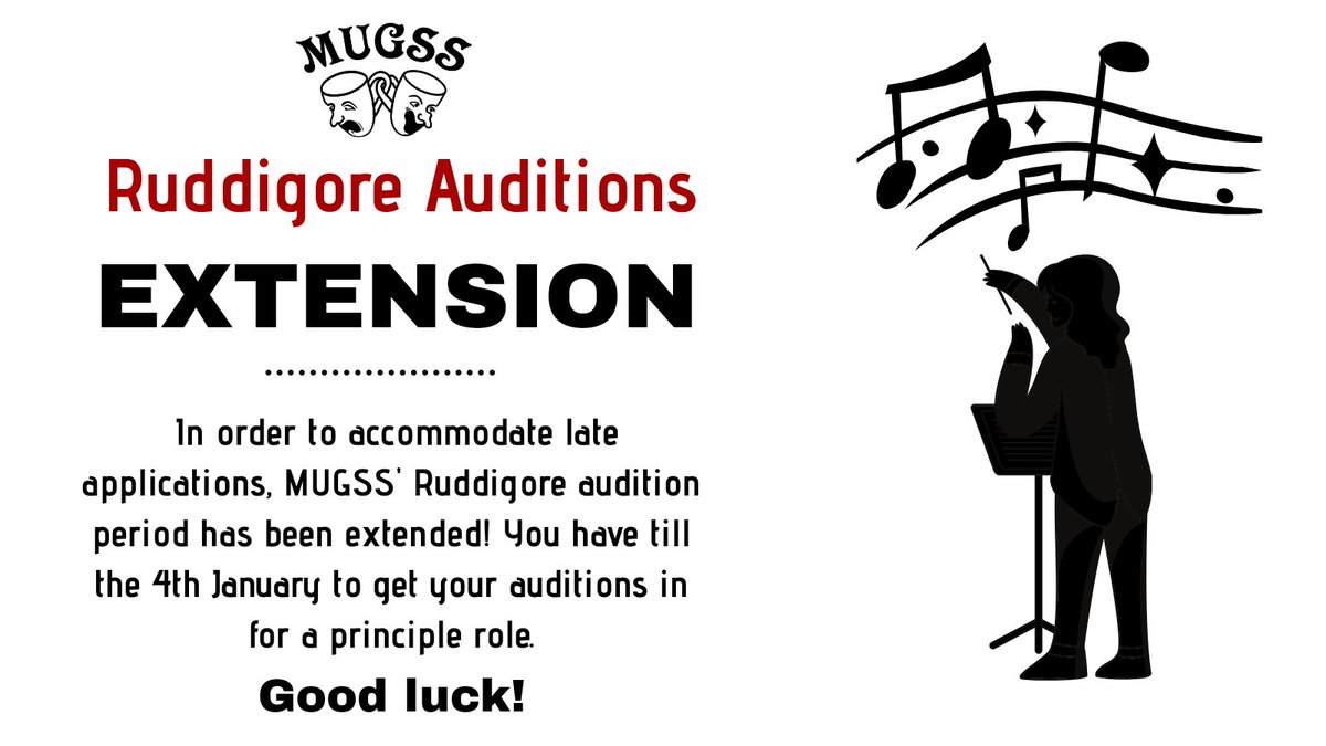 MUGSS's tweet image. We have decided that we are going to extend the audition deadline of Ruddigore to the 4th January!

If you're interested in taking part, all you need to do is send us a song of your choice, record script dialogue and do a small video on who you are: 

docs.google.com/forms/d/1-H-RB…