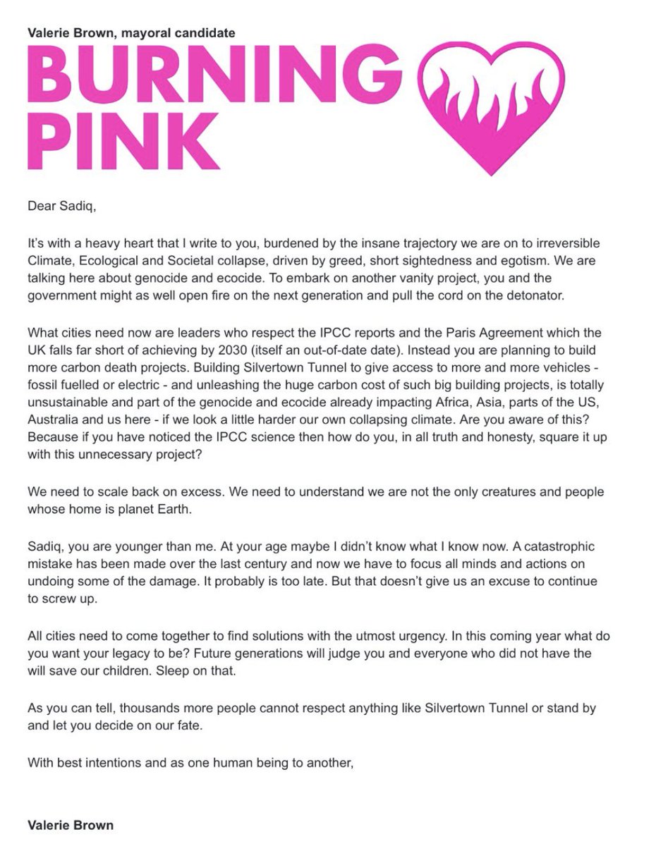 SilvertownTn's tweet photo. Burning Pink mayoral candidate @Valerie4London joins mayoral candidates @sianberry @LuisaPorritt and @Privatecarfree in writing to @SadiqKhan to demand cancellation of his carbon-intensive Silvertown Tunnel project. @BespokePanic @dpcarrington @edthicknesse @Heidi_LDN @DaveHill https://t.co/qtFfsbC8tt