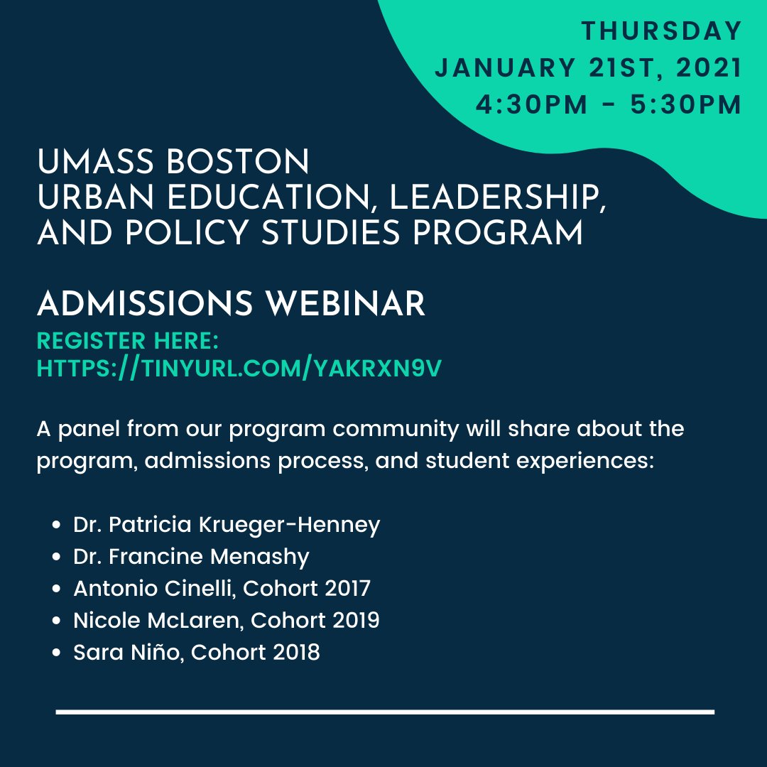 UMBUrbanEd's tweet photo. Save the Date: Thursday, 1/21/21 for an admissions webinar! Learn about the Urban Ed program, the admissions process, and student experiences. Register here: https://t.co/SNvtp5jmNf https://t.co/agyOvwXoNF