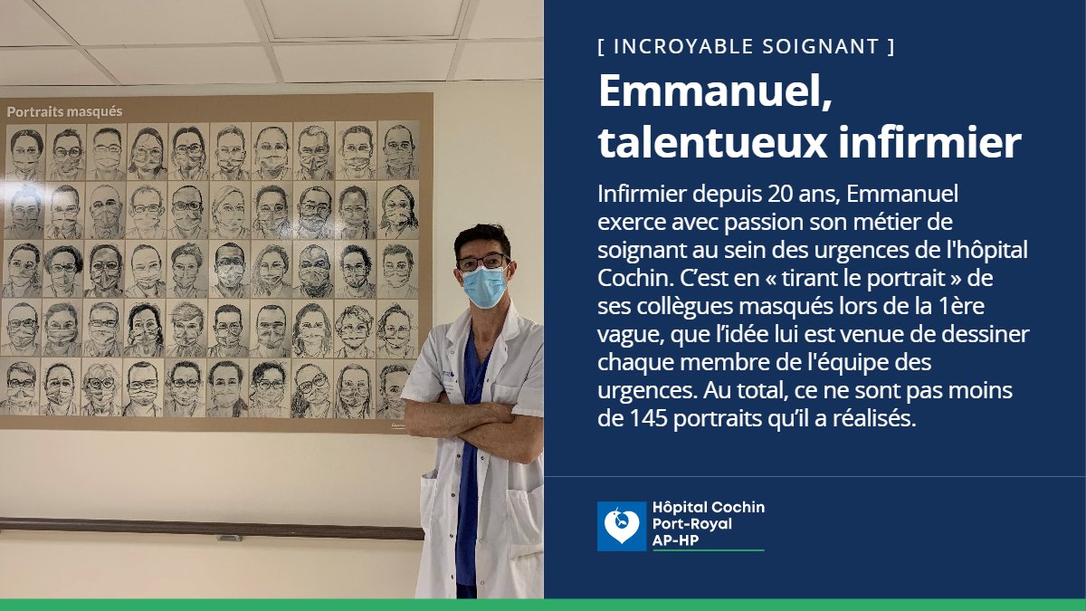 HopitalCochin's tweet photo. 👨‍🎨Féru de dessin, Emmanuel, infirmier aux urgences @HopitalCochin @APHP  s’adonne régulièrement à sa passion en « croquant » les inconnus du métro. Lors de la 1ère vague, il a révélé son incroyable talent en dessinant les portraits de ses collègues masqués. 👏 Bravo l'artiste ! https://t.co/ocHgbkzFsq