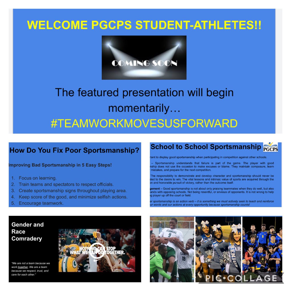 PGCPS_CoordSup's tweet photo. AMAZING presentation last night from the Sportsmanship Committee! The athletes that came on last night motivated us with outstanding ideas for the entire PGCPS athletic programs. Sportsmanship challenges are starting now! Check with your AD. #Teamworkmovesusforward https://t.co/DycDOdqcJ9