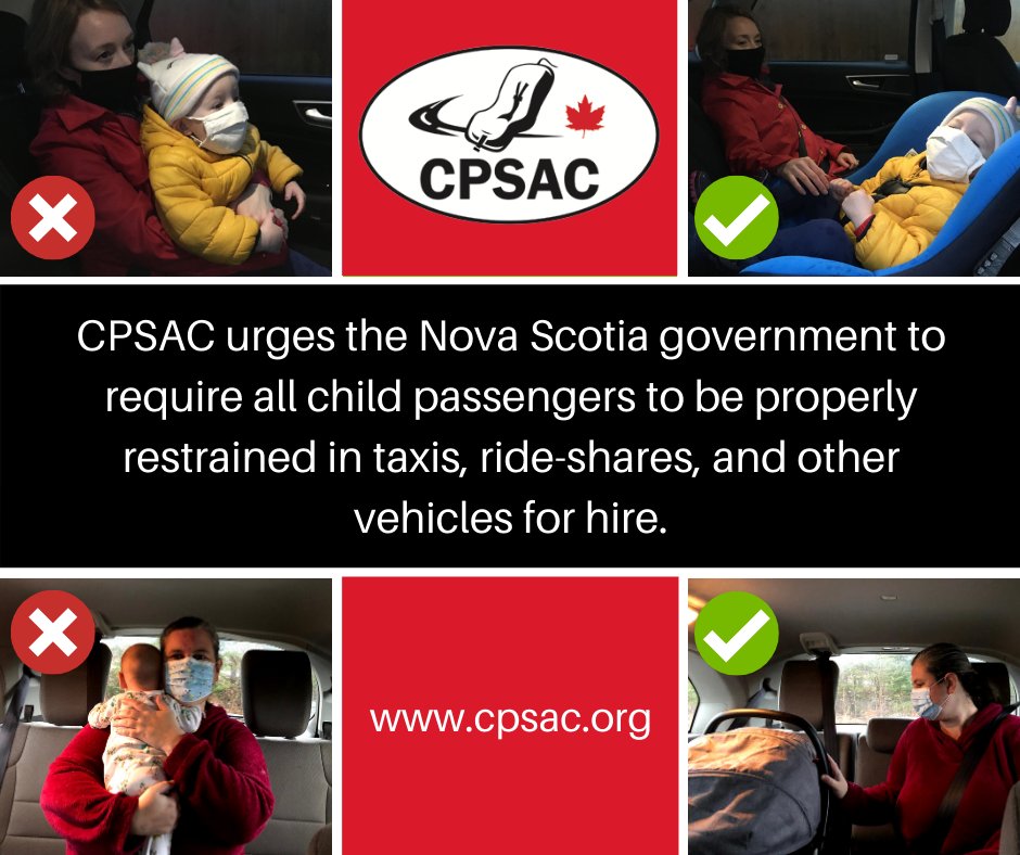 CPSAC_ASEPC's tweet photo. Existing child restraint exemptions for taxis and other vehicles for hire, including ride-share services, places child occupants at risk. We ask @NSgov to remove the exemption, &amp; require all passengers to be securely restrained in all passenger vehicles. 1/4 https://t.co/GAYUManflE