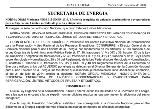 Se publicó hoy:

NORMA Oficial Mexicana NOM-012-ENER-2019

Eficiencia energética de unidades condensadoras y evaporadoras para refrigeración. 

Límites, métodos de prueba y etiquetado. 

dof.gob.mx/nota_detalle.p…

<a href="/NOMs_EE/">Comunidad NOM-ENER</a> <a href="/CONUEE_mx/">CONUEE_mx</a> <a href="/SENER_mx/">SENER México</a>