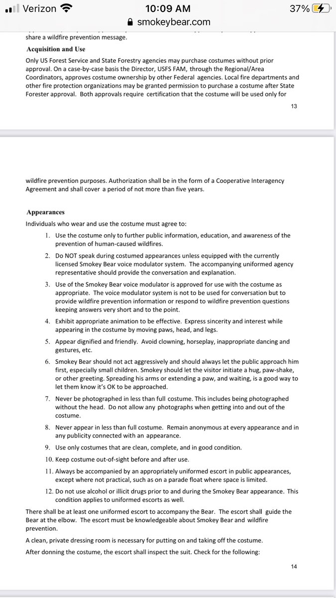 This document is incredible, and will have to be re-written following the Omnibus bill.Smokey Bear’s 18-page regulation guideline punishable by jail includes instructions for those who wear the bear costume, including to always use the Smokey voice modulator.