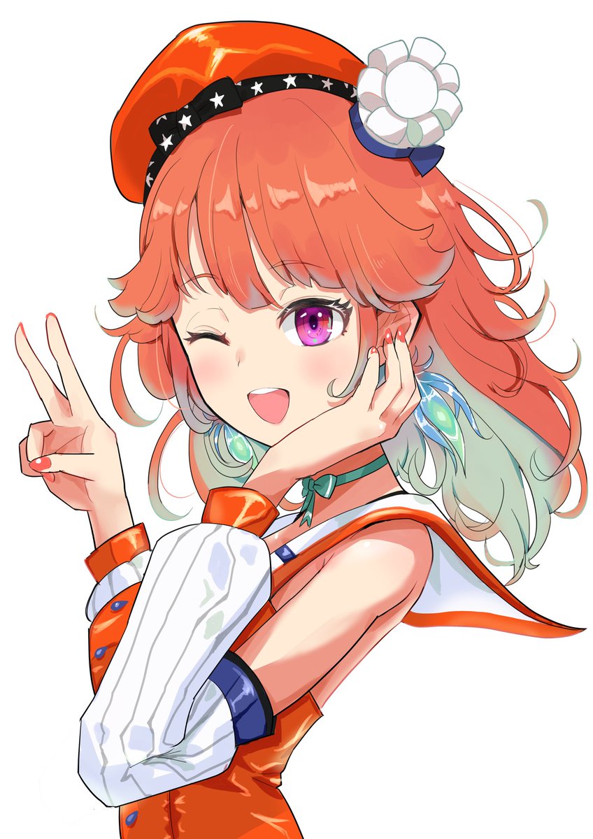 takanashi kiara 1girl solo one eye closed hat orange hair smile v  illustration images