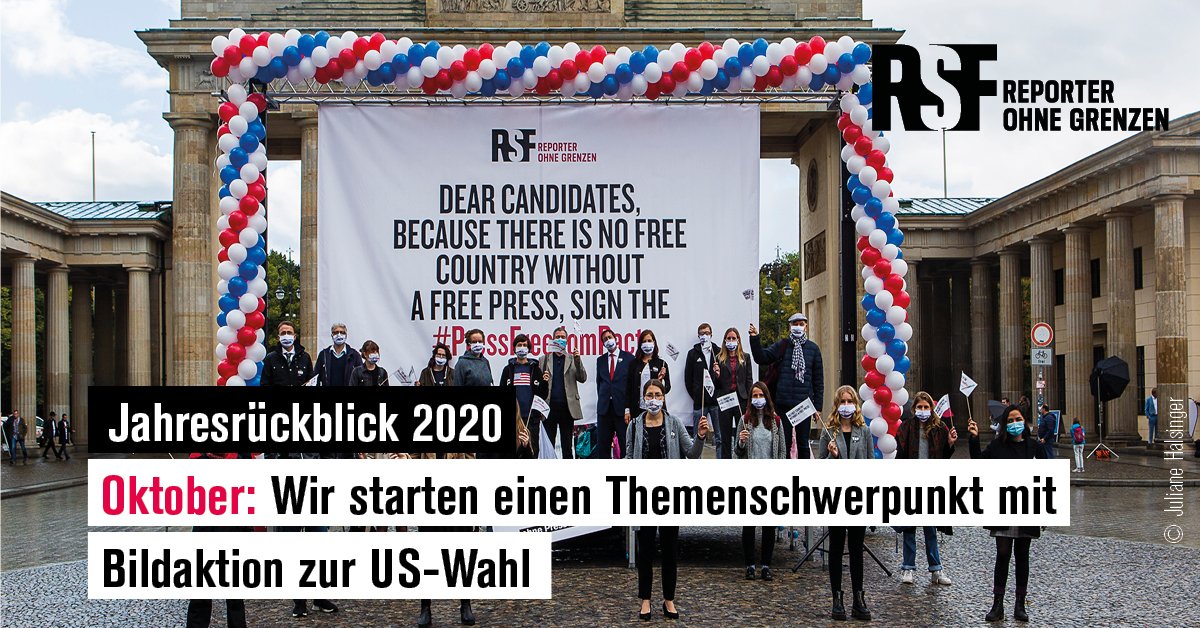 ReporterOG's tweet photo. Jahresrückblick 2020, Oktober: Anlässlich der #USWahlen2020 starten wir einen Themenschwerpunkt. Bei einer Bildaktion vor dem Brandenburger Tor appellieren wir an die US-Kandidat*innen, den #PressFreedomPact zu unterzeichnen https://t.co/jrstT7A2Fy https://t.co/6aBS4u6knd