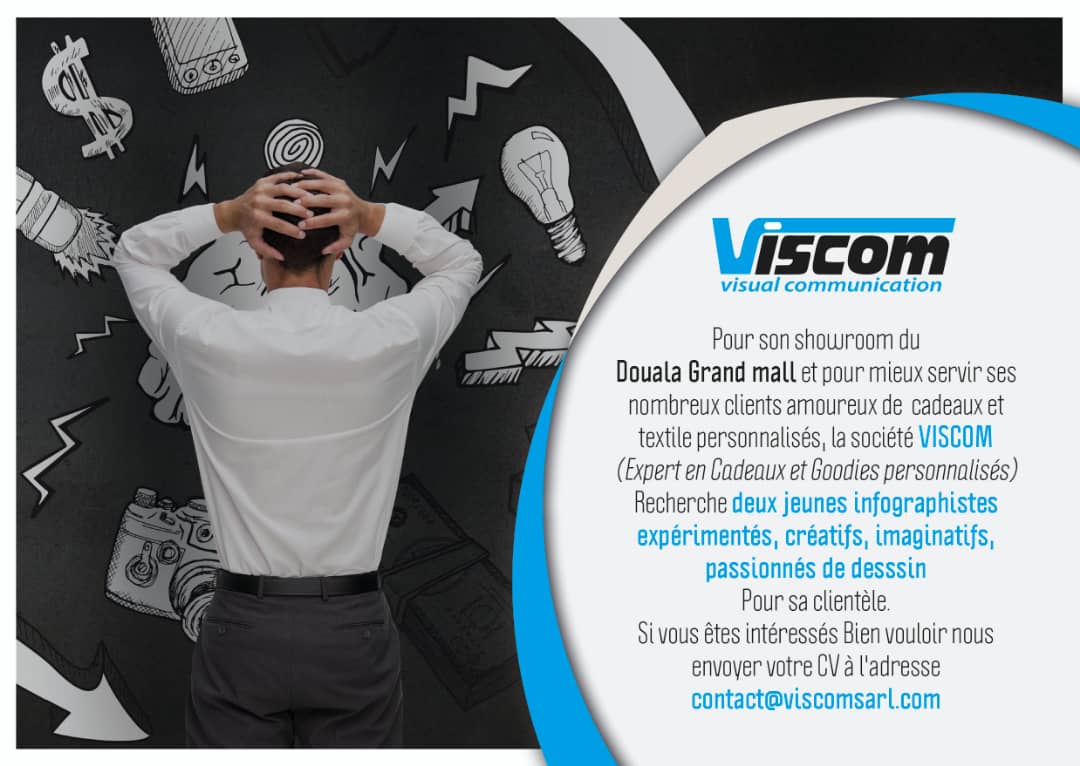 Douala Grand Mall (@doualamall) on Twitter photo #JobAlerts En vue de l’ouverture de son showroom au Douala Grand Mall, l’entreprise #VISCOM recrute 2 jeunes infographistes expérimentés, créatifs, imaginatifs et passionnés de dessin.
Envoyez vos CV à l’adresse contact@viscomsarl.com au plus-tard le 10 janvier 2021.
#Cameroun #JobAlerts En vue de l’ouverture de son showroom au Douala Grand Mall, l’entreprise #VISCOM recrute 2 jeunes infographistes expérimentés, créatifs, imaginatifs et passionnés de dessin.
Envoyez vos CV à l’adresse contact@viscomsarl.com au plus-tard le 10 janvier 2021.
#Cameroun