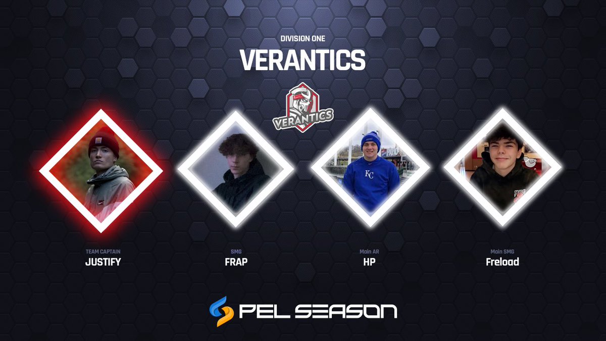 Verantics's tweet image. The starting roster for Verantics. Participating in @PELSeason Season Division One. 
Tune into the league and watch us play!