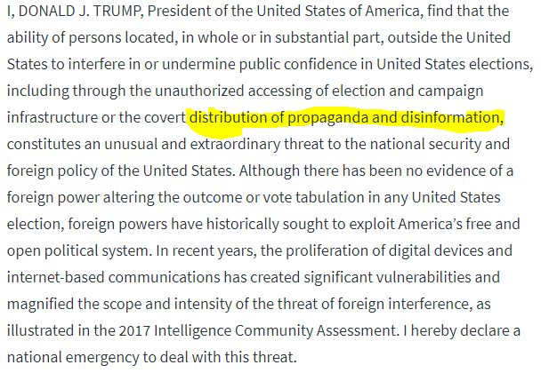 If we look at the activities that are covered under the EO, one thing stands out to me...this would easily encompass the CORPORATE MEDIA and SOCIAL MEDIA. Much of which has foreign ownership and influence.