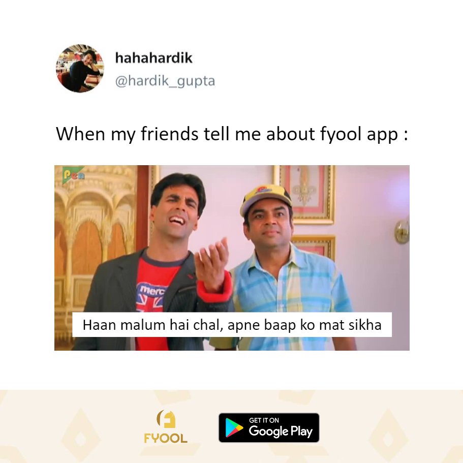 AppFyool's tweet photo. Haan malum hai chal apne baap ko mat sikha.
Upload your petrol, diesel, CNG, LPG cylinder and restaurant bills and get up to 50% cashback.
Download the app now : https://t.co/Sef07YRBa6
#fyool #fyoolapp #cashback #cashbackapp #startup #indianstartup #startupindia https://t.co/Ameuh7GXP5