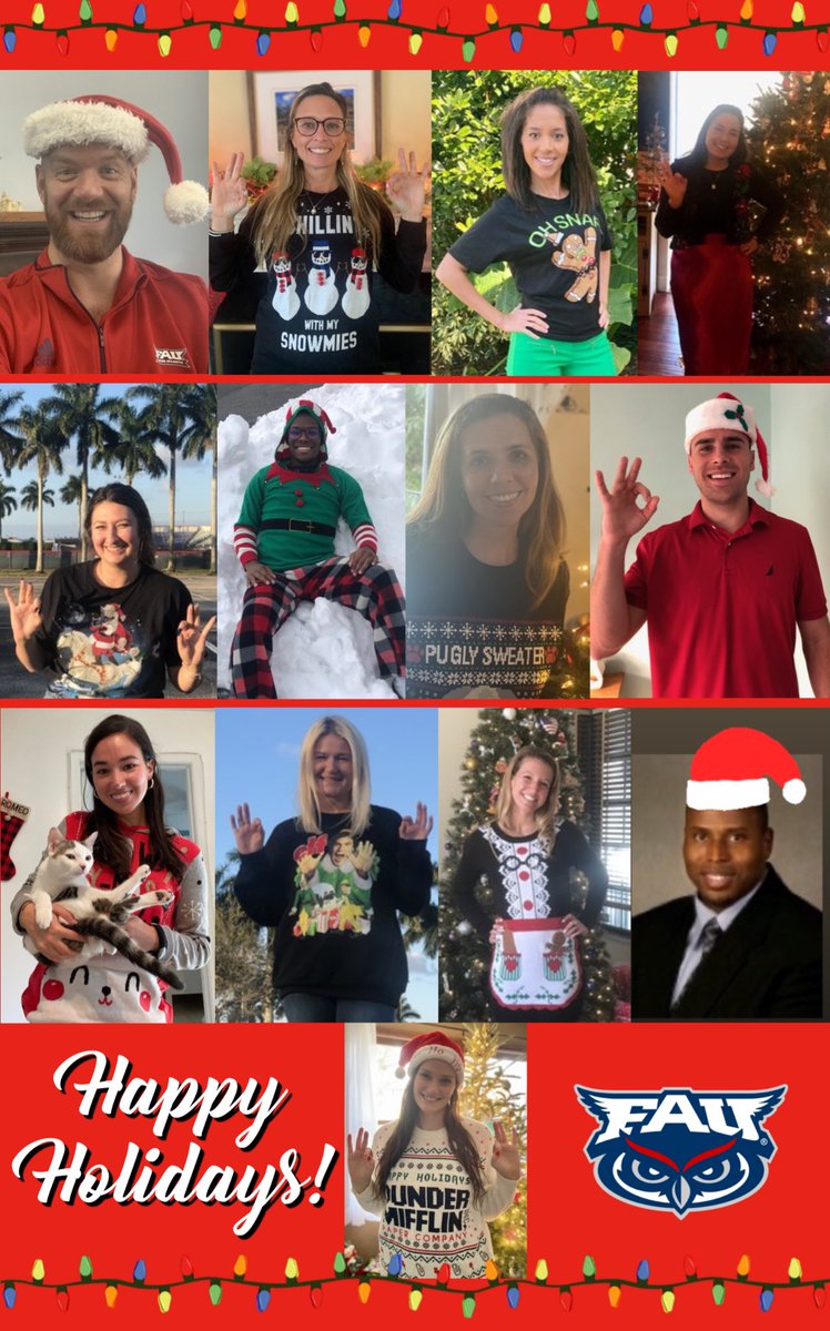 SASC_FAU's tweet photo. Happy Holidays from OWL of your SASC staff! We are blessed to work with the best student-athletes, coaches, staff, and faculty! Hope everyone has a wonderful hOWLiday season and is ready for 2021! #OwlOne #WinningInParadise #HappyOwlidays #WeReadyForYa2021 https://t.co/ZCCjwRM5uz