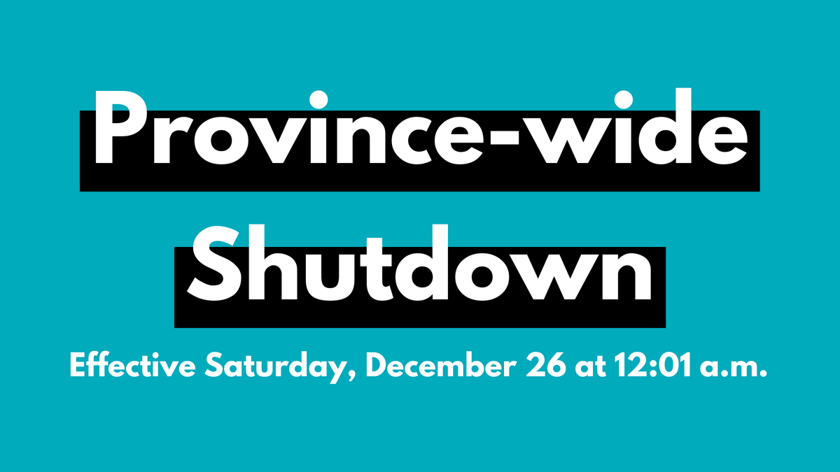 ROWPublicHealth's tweet photo. As of Saturday, December 26 at 12:01 a.m. Ontario will enter a province-wide shutdown. Please #StayHome except for essential trips and limit social gatherings to the people within your household. Learn more at https://t.co/q2C4u9Rtm5 https://t.co/SL7F13Zd7u