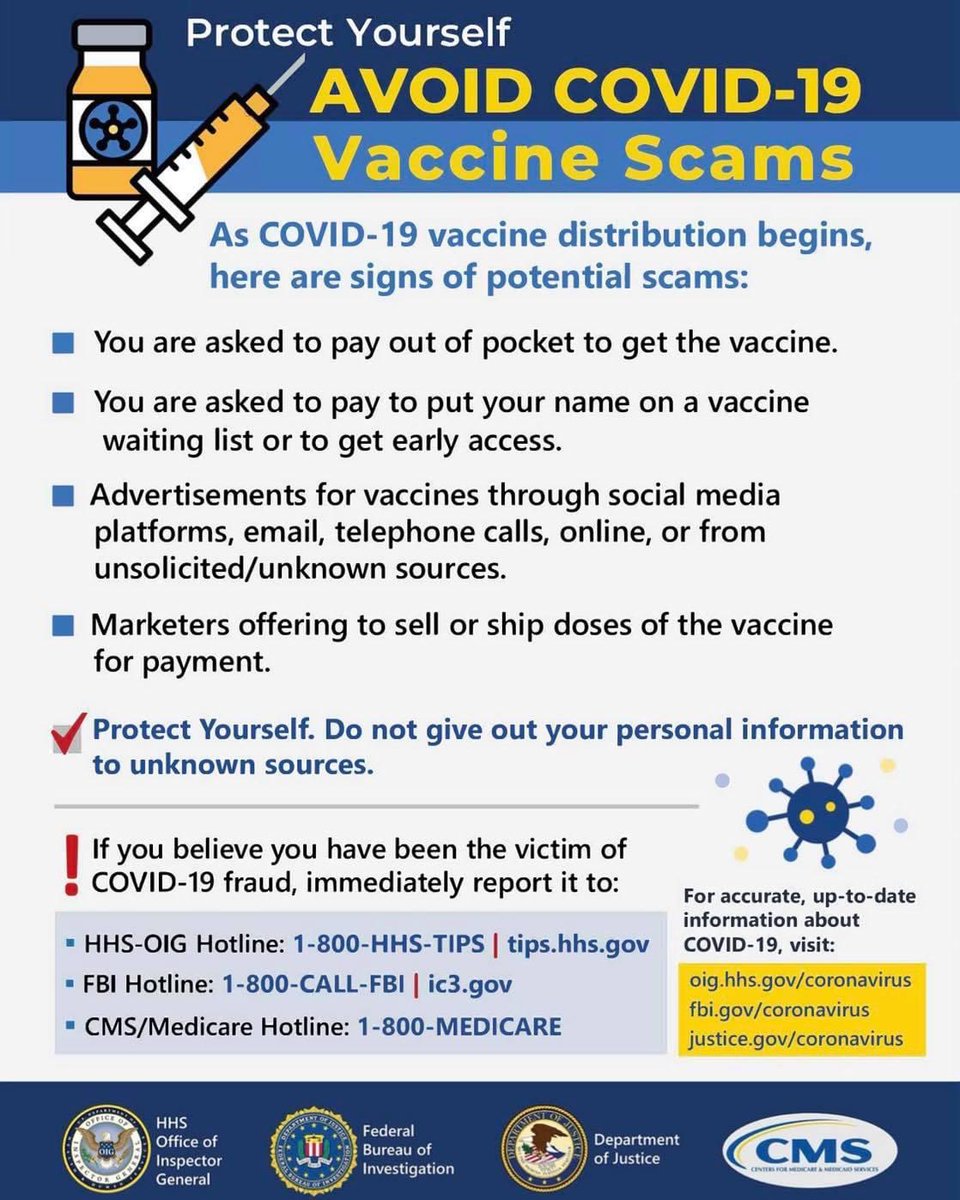 Please be aware of the latest covid-19 vaccine scams to AVOID!

Read the following article by the FBI on scams that federal agencies are warning the public of in relation to covid-19 vaccines. bit.ly/3riDaWg