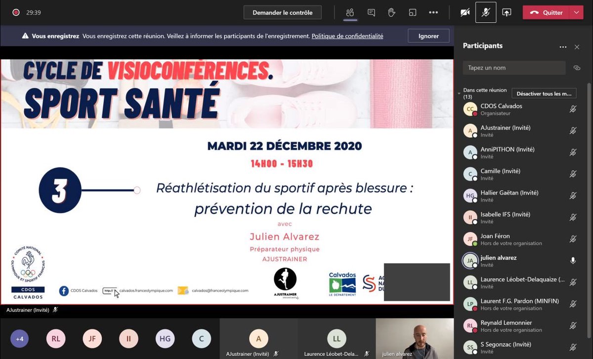 quentinbroggi's tweet photo. 🔥Cet AM webinaire #3 sur la "Réathlétisation du sportif après blessure, prévention de la rechute" 🏀🏓🤾♂️🥋🚴 de notre cycle #SportSanté du #CDOS14
Merci à @AJustrainer pour sa présentation 👏
🎥 Restez connectés, replay à venir
🔜prochain webinaire consacré à la nutrition !! https://t.co/5oweij3wQZ