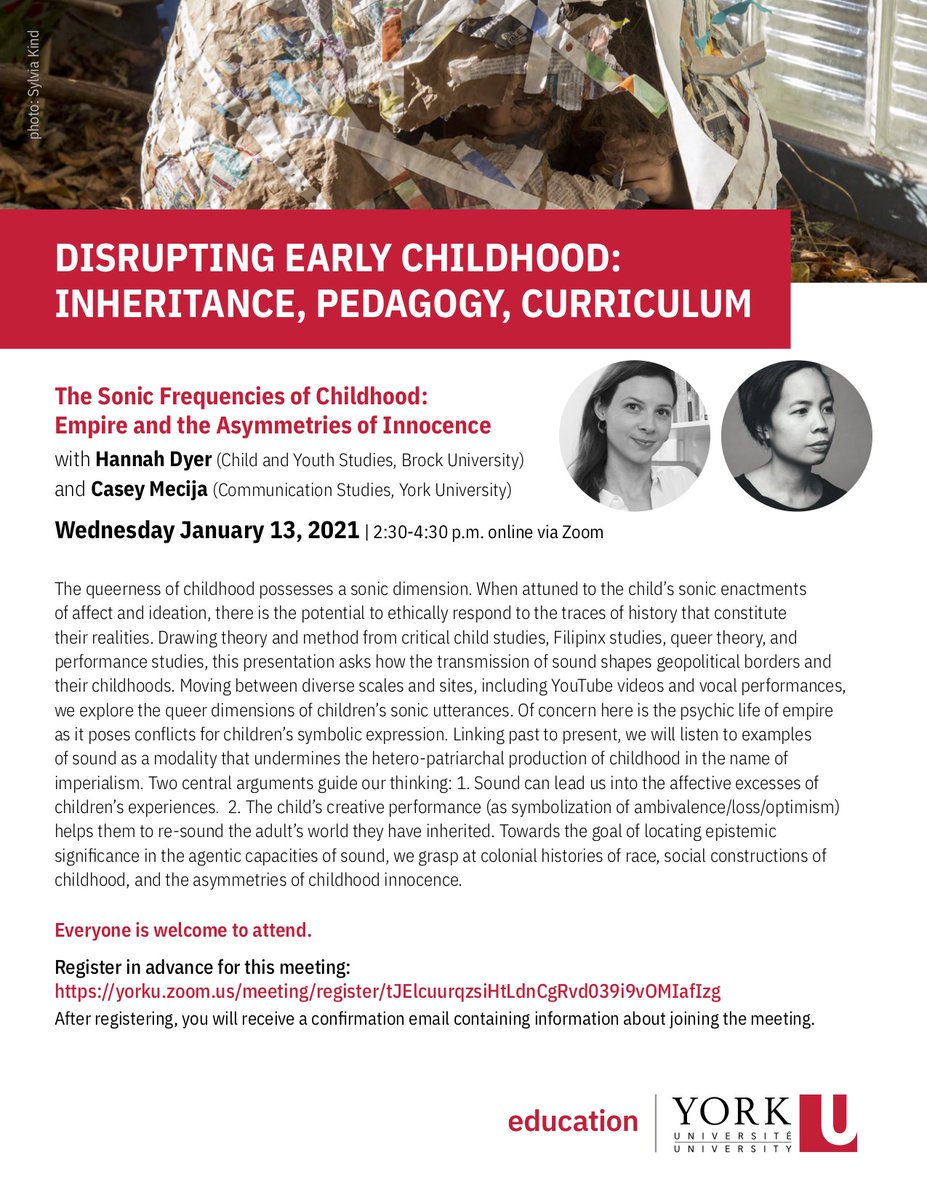 The <a href="/YorkUeducation/">York University Education</a> Disrupting Early Childhood Speaker Series returns in the new year! I am so looking forward to this talk by Hannah Dyer and Casey Mecija. Registration is now open: yorku.zoom.us/meeting/regist…