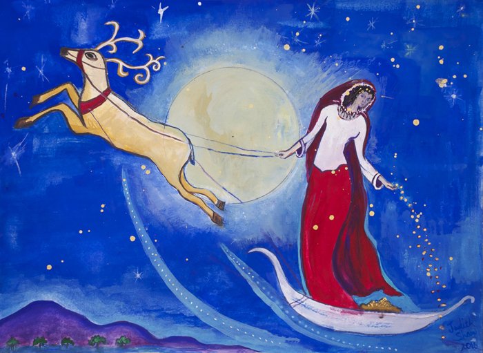 This is Saulė, the Latvian and Lithuanian goddess of the sun, patroness of orphaned children, in a sleigh led by female reindeer.The winter solstice was celebrated as her return; she was said to fly in the sky and toss amber pebbles into chimneys. #Christmas2020  #Christmas  