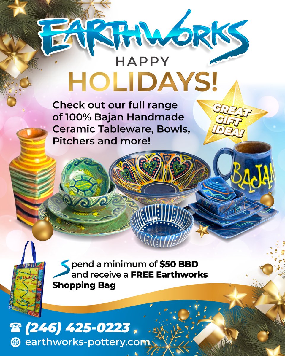 EworksPottery's tweet photo. Avoid the traffic! Visit Earthworks Pottery for all of your last minute gifts for the family.
#Pottery #GiftIdeas #Barbados https://t.co/0An7abBY0E