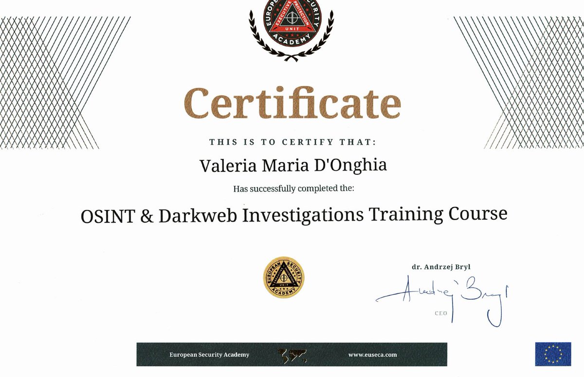 intuity_it's tweet photo. Congratulazioni a Valeria Maria D'Onghia, #OSINTAnalyst di @intuity_it , per aver completato con successo il corso di โOSINT & Darkweb Investigationโ, organizzato dallโEuropean Security Academy. #OSINT #CyberSecurity https://t.co/uHAE4kKFWd