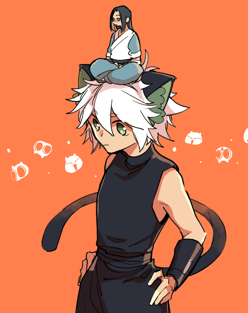 luoxiaohei orange background multiple boys cat ears animal ears white hair cat boy cat tail  illustration images