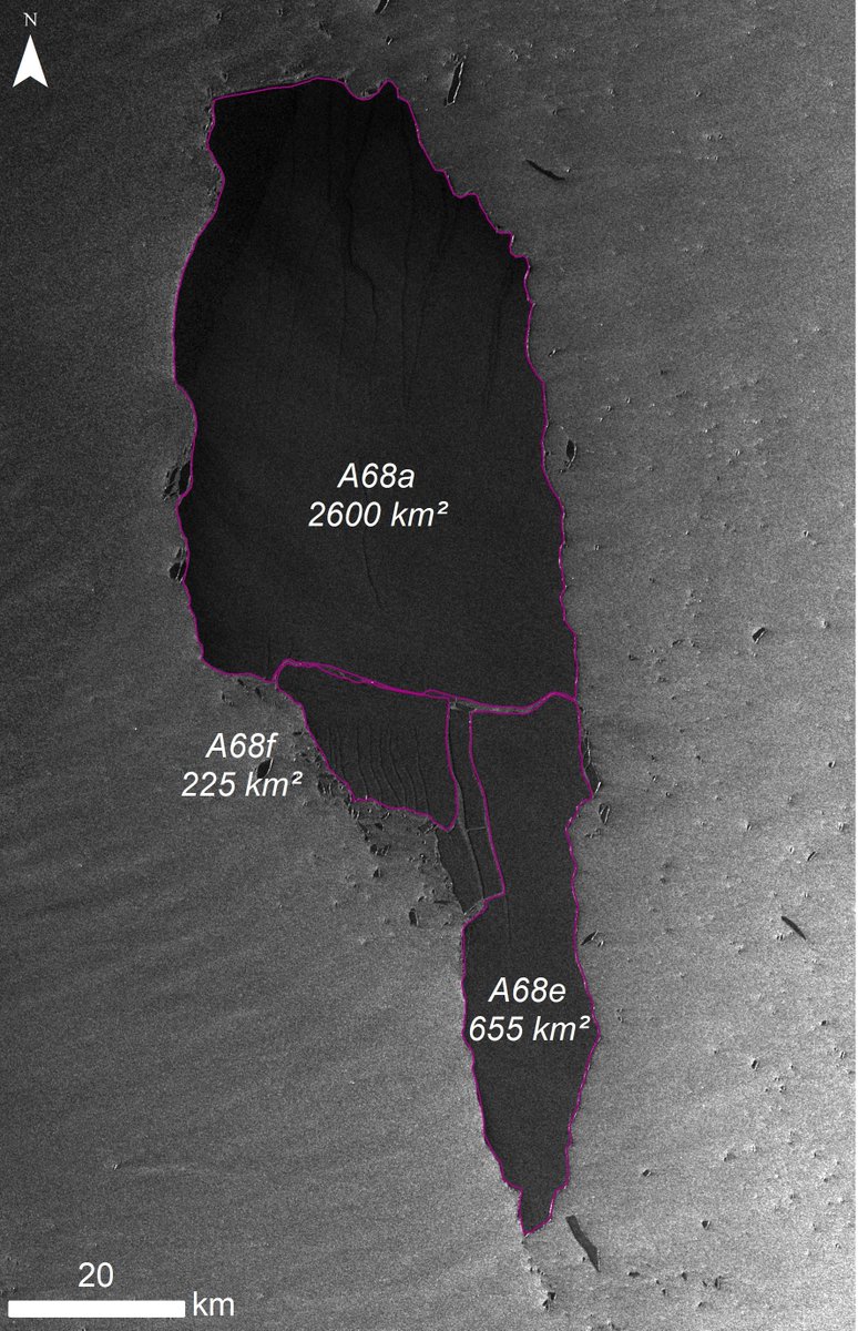 laura_gerrish's tweet photo. Rough area calculations of the new icebergs produced from the latest break up of #A68a. Icebergs officially named by @usnatice. Let's see what happens as they float around #SouthGeorgia over the next few weeks! @BAS_News @BBCAmos @polarview https://t.co/wwSQCLWwJx