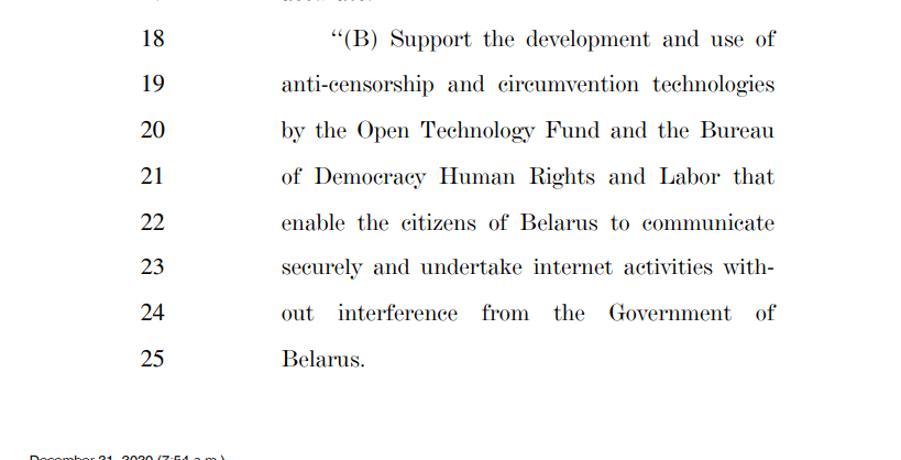 We're going to support the development and use of anti-censorship and circumvention technologies in Belarus.Which, again, hilarious considering the blatant censorship of Americans currently being carried out against Americans.