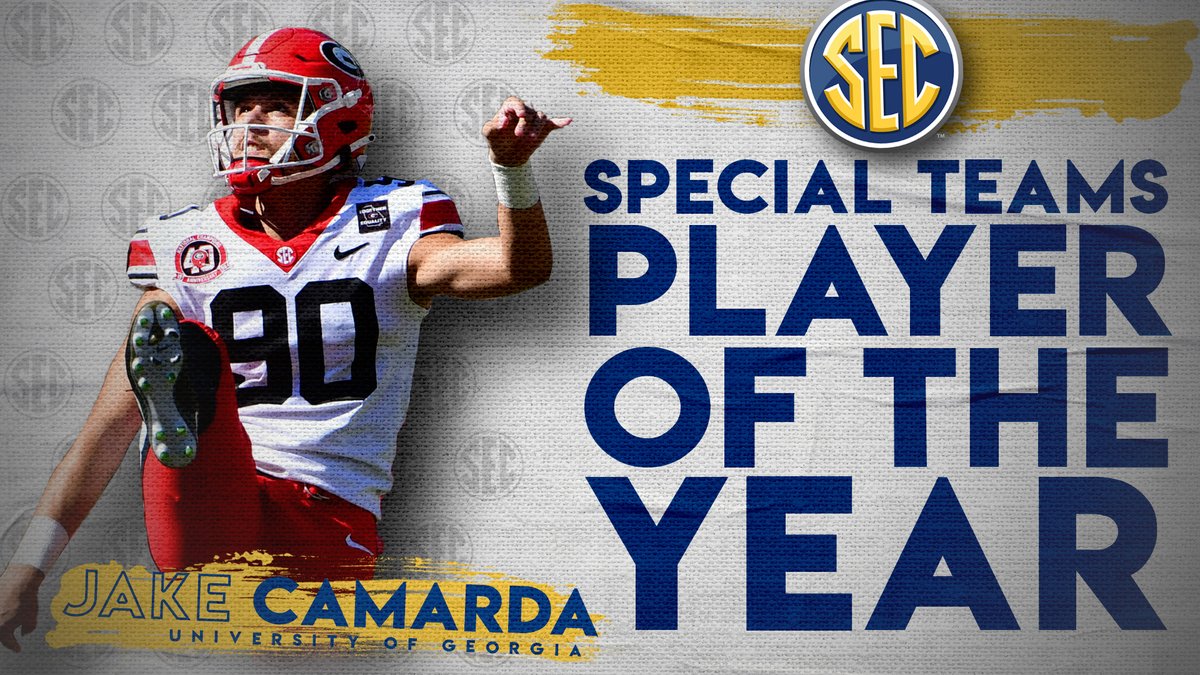 SEC's tweet photo. 2020 #SECFB Special Teams Player of the Year: @jakecamarda 

Full release » https://t.co/KgpucRgI40. https://t.co/0j6fAx4fBC