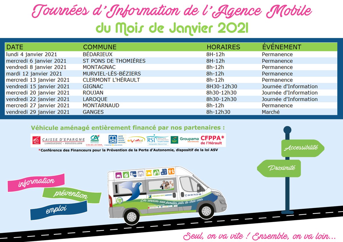 🚐Notre #AgenceMobile sillonne le Département à la rencontre de tous les Héraultais notamment dans les communes rurales.🙂

3 objectifs : #information #prévention #emploi

Pour plus d'informations, cliquer sur le lien suivant : 
👉presenceverteservices.fr/agence-mobile/

#presenceverteservices