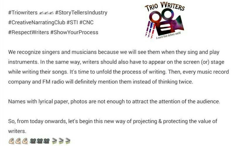 tejamultimedia1's tweet photo. #Triowriters ✍✍✍ #StoryTellersIndustry
#CreativeNarratingClub #STI #CNC #RespectWriters #ShowYourProcess #lyricwriters #songwriting #songwriters @manojmuntashir @Lyricist_Vivek @Irshad_Kamil @madhankarky @SayeedQuadri2 @Javedakhtarjadu @KausarMunir @swanandkirkire @varungrover https://t.co/s5HrPGefKm