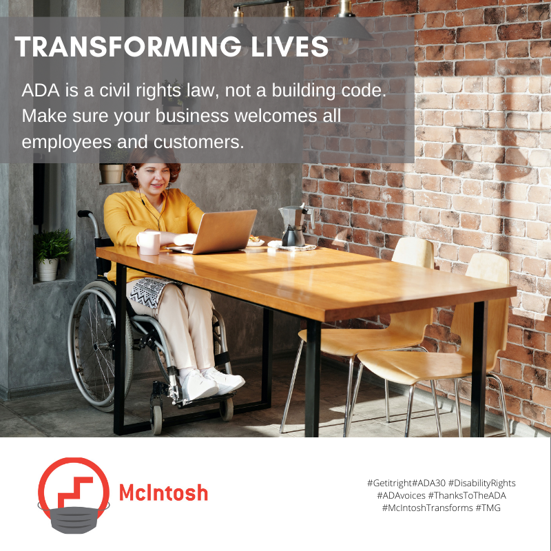 McIntoshGroup's tweet photo. The ADA is a catalyst to make facilities more accessible to and usable by people with disabilities.
TMG is proud that for over 20 years we’ve helped accomplish that goal. #GetItRight #DisabilityRights #ADAvoices #ThanksToTheADA #McIntoshTransforms #TMG.
https://t.co/5ZjOYMRYI2 https://t.co/z7y7JnSA5b