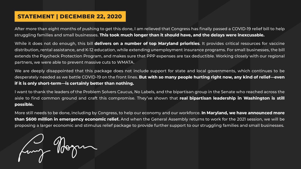 GovLarryHogan's tweet photo. After more than eight months of pushing to get this done, I am relieved that Congress has finally passed a COVID-19 relief bill to help struggling families and small businesses. 

My full statement: https://t.co/F6RjEwmAUU