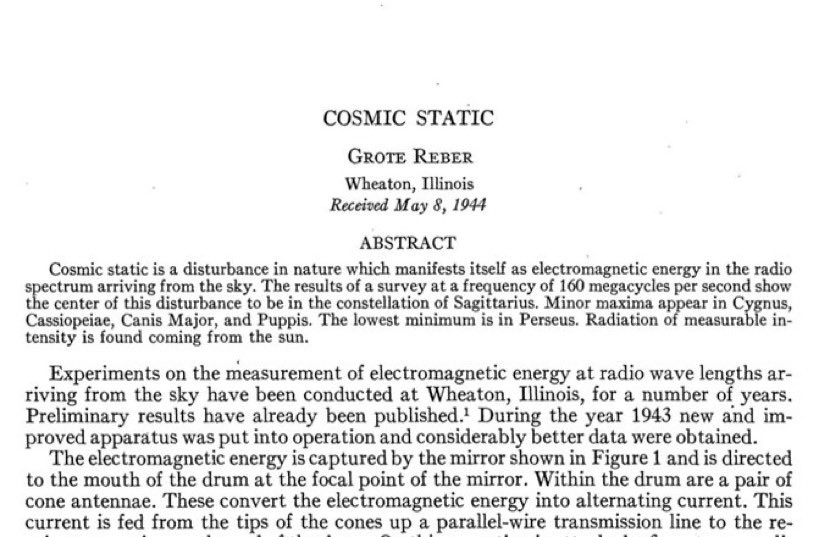 It took him a few years (he was starting from scratch!) but Reber was eventually able to confirm Jansky’s discovery of radio emissions by the Milky Way. He published his findings in 1944, in an Astrophysical Journal paper titled “Cosmic Static.” https://ui.adsabs.harvard.edu/abs/1944ApJ...100..279R/abstract