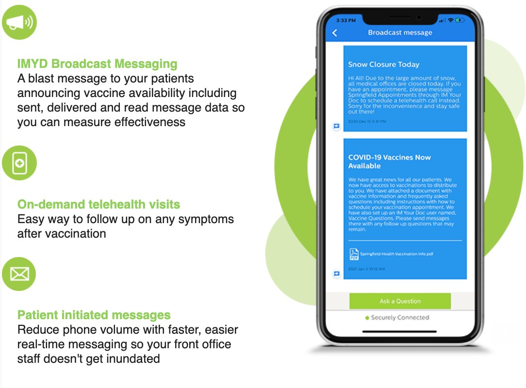 IM_YourDoc's tweet photo. As #COVID19 vaccines are distributed, your practice must be ready with an easy, secure, reliable method of communication with patients and staff alike. See how you can have all this in an hour of implementation and to start your free trial of IMYD today: https://t.co/xGoT9caqOd https://t.co/yftYgIE9fF