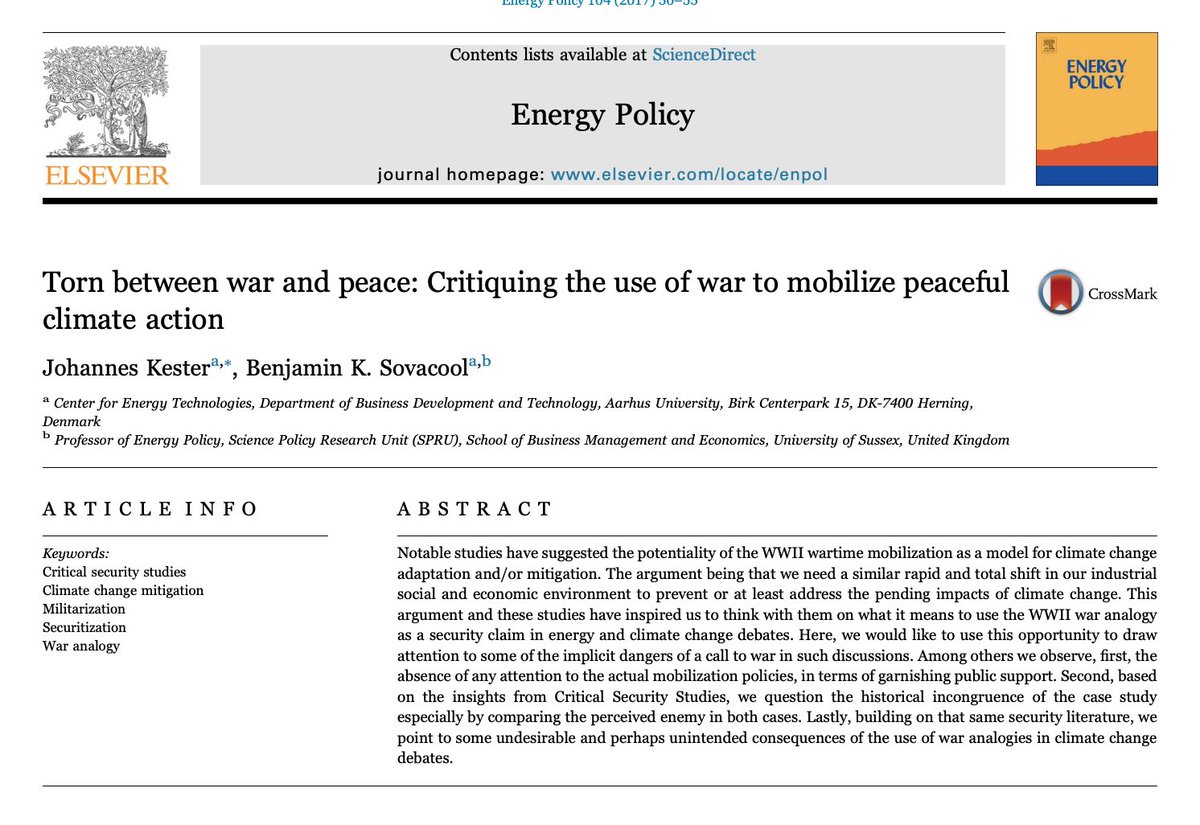 8) Related to climate emergency framing -- there is this paper along with several others that question the general use of the metaphor of "war mobilization" as favored by  @billmckibben et al + or "climate war" by  @MichaelEMann etc  http://sro.sussex.ac.uk/id/eprint/66364/