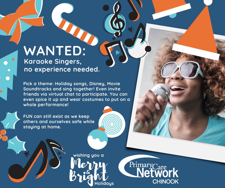 Pick a theme: Holiday songs, Disney, Movie Soundtracks and sing together! Even invite friends via virtual chat to participate. You can even spice it up and wear costumes to put on a whole performance!
FUN can still exist as we keep others and ourselves safe while staying at home.