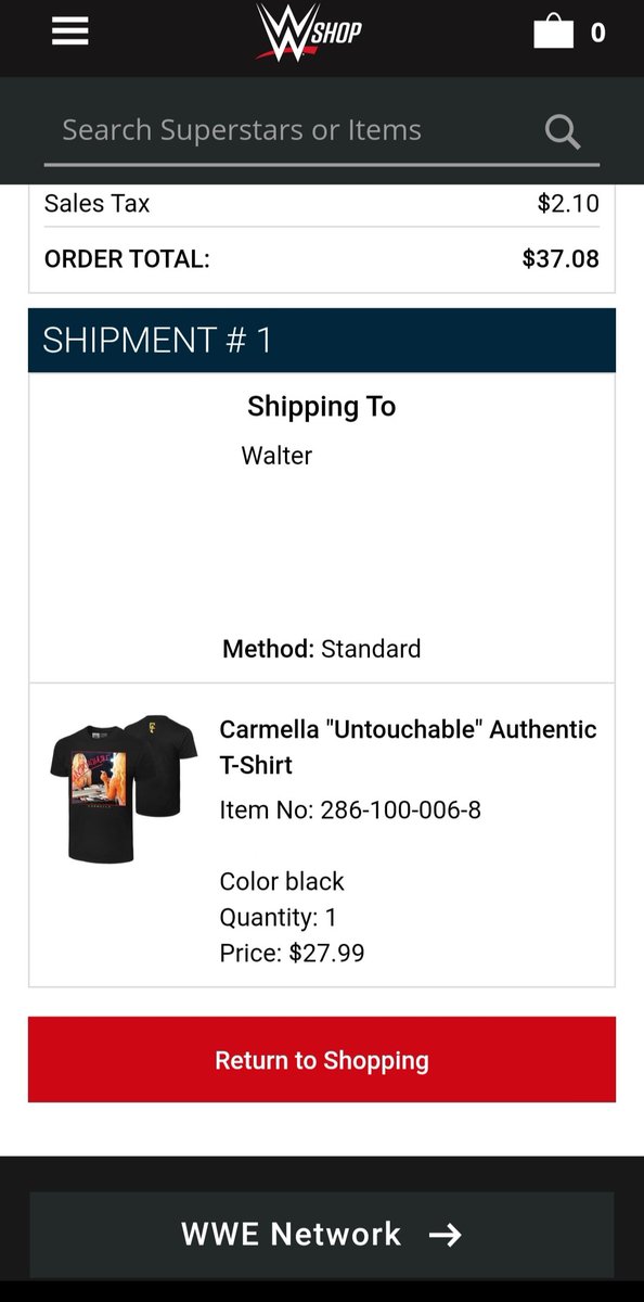 MellaFanWally's tweet photo. I'm a little late but of course I got my new @CarmellaWWE shirt ordered! Absolutely can't wait! Hopefully just the first many new #MellaMerch items! #MellaIsUntouchable https://t.co/SpUz0jkhFP