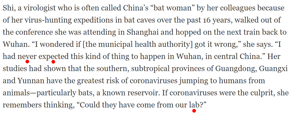 To forestall any more grassy knoll comments, please see Dr. Shi's - top SARS expert, most familiar with the coronavirus research being done at the WIV - own reaction to first hearing about the outbreak in Wuhan.  https://www.scientificamerican.com/article/how-chinas-bat-woman-hunted-down-viruses-from-sars-to-the-new-coronavirus1/