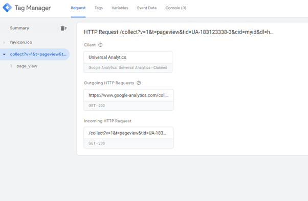 Then when I test server side GTM with a test pageview hit