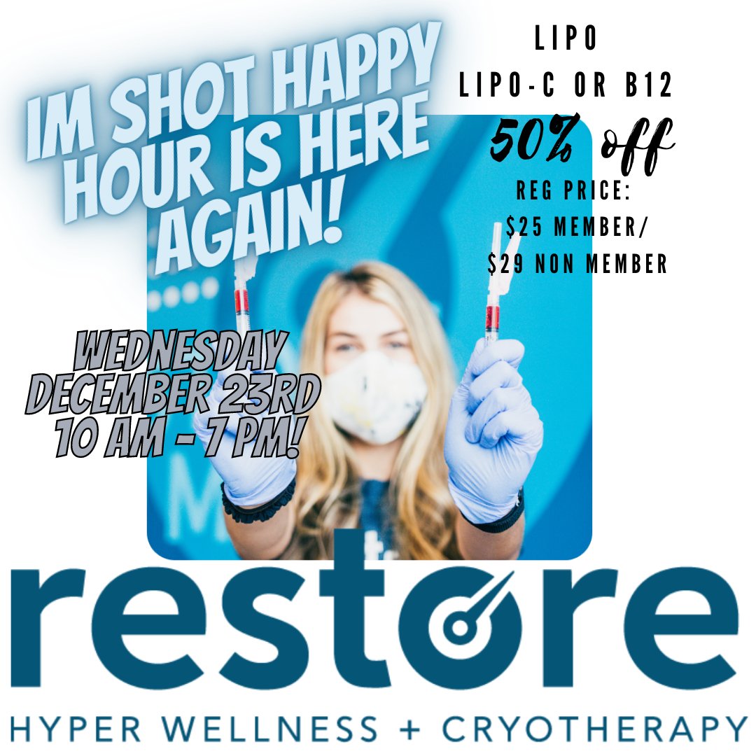 RestoreKaty's tweet photo. IM Shot Happy Hour was such a hit last time that we're doing it again...and it's going on ALL day Wed, Dec 23rd! Come by Restore Katy from 10 am-7 pm and receive Lipo, Lipo-C, or B-12 IM shots for 50% off!!  832-390-0755

#restore #hydration #ivdrip #ivdriptherapy #drip https://t.co/xYQS1pOxwn