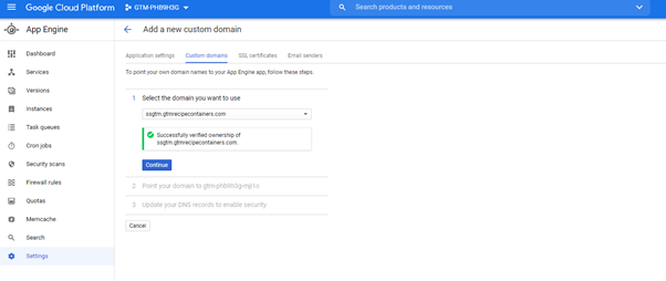 In Google Cloud my sub domain has been verified adding an SSL certificate