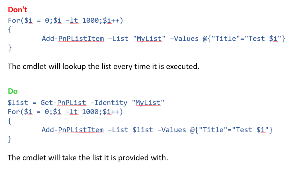 PnpPowershell's tweet photo. Performance tip when adding or setting MANY listitems. This applies to many other cmdlets in PnP PowerShell where you loop over cmdlets. https://t.co/bjhH7igHmu