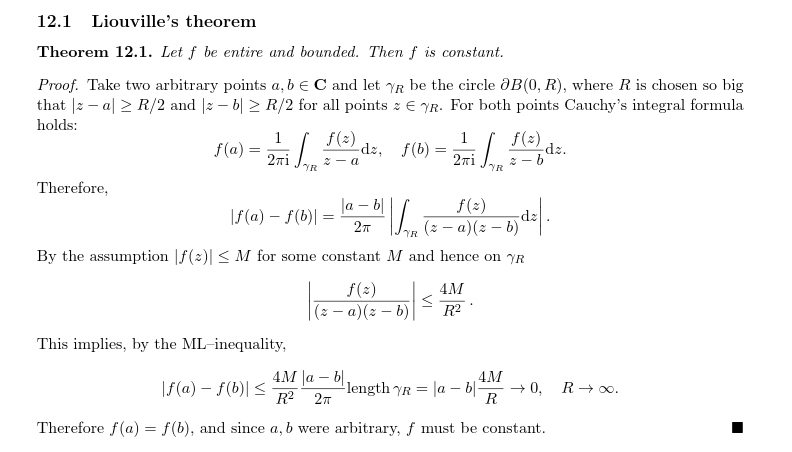 (9) Fundamental theorem of algebra (Liouville):From:  https://www.ndsu.edu/pubweb/~novozhil/Teaching/452%20Data/12.pdfVia Liouville's theorem: