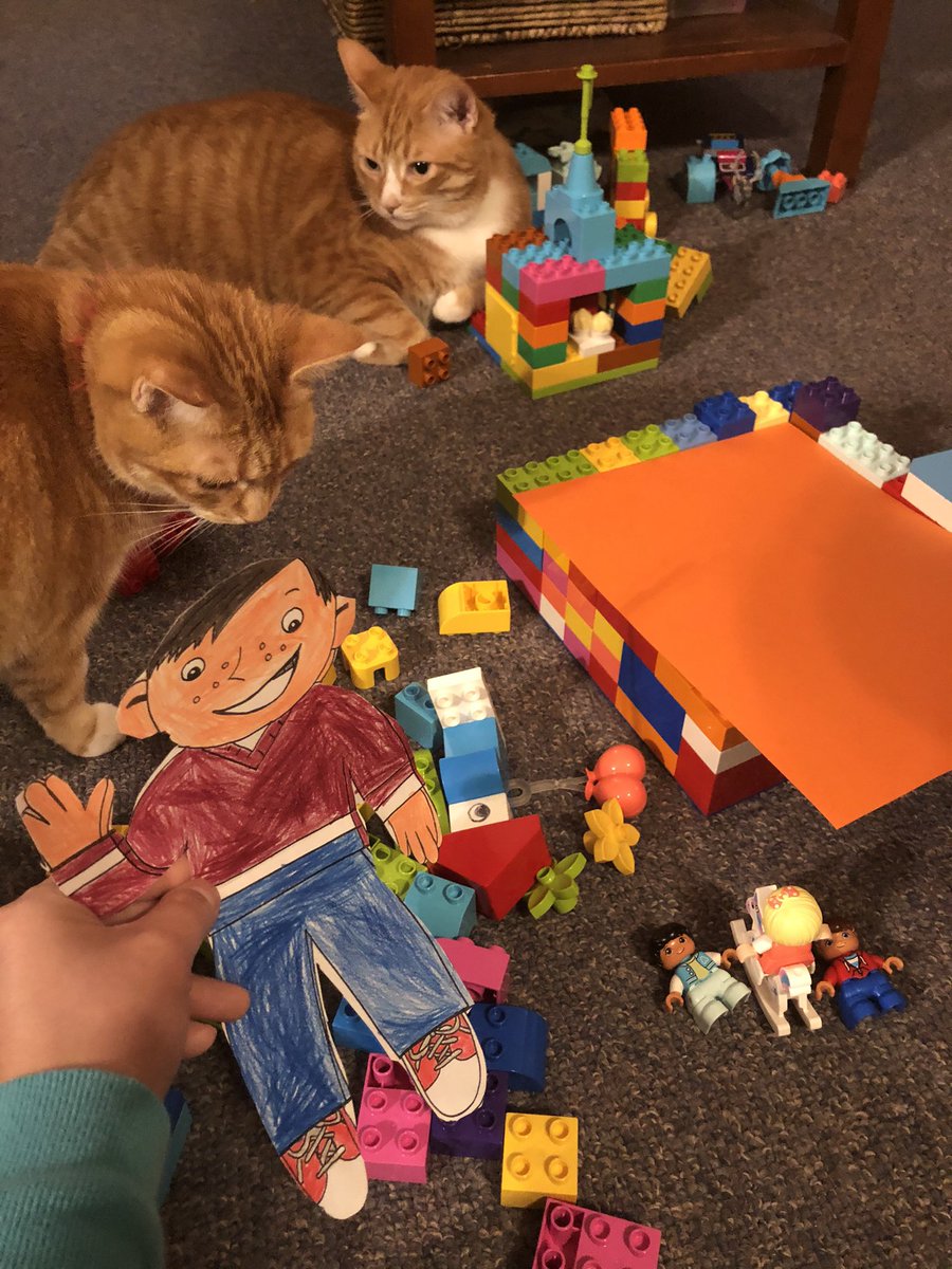 ESL_fairy's tweet photo. Flat Stanley really enjoyed building secret hideouts with Duplo this morning. The cats kept trying to sit on or take his pieces. Thankfully, Flat Stanley is quite patient and is very good at sharing. #FlatStanley @Grade1Raptors @jennivanrees https://t.co/J9gPgLRS48