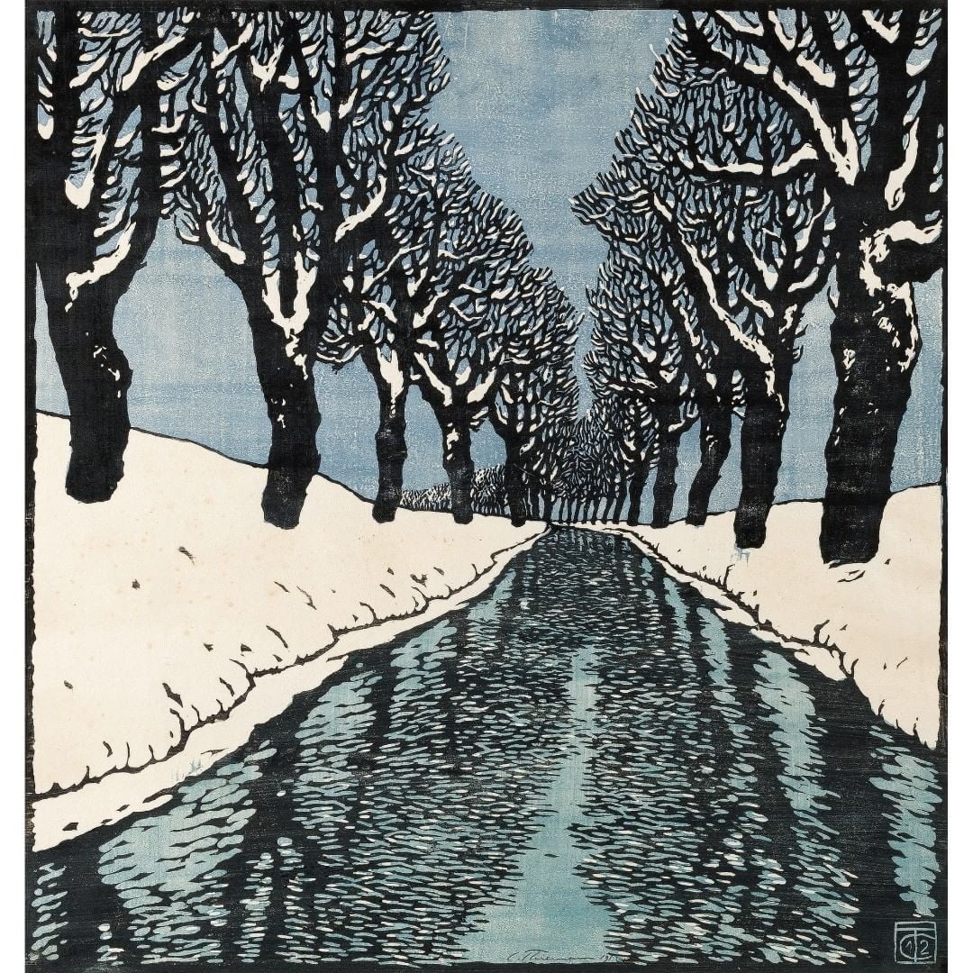 Carl Thiemann - 'Bach im Winter (brook in winter)' - 1912, colored woodcut on paper 56.5 x 54 cm