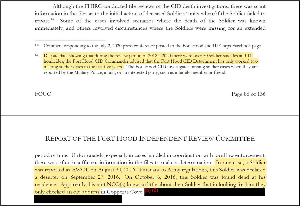 The report confirms that Specialist Guillen's disappearance was not properly investigated & neither were many others. In Guillen's case, "despite immediate indications that her absence was suspicious" the base police did not list her as missing in law enforcement databases... 2/