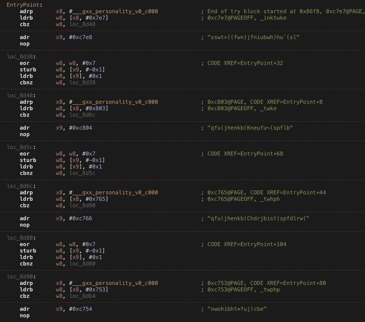 SparkDev_'s tweet photo. initial reversing of it shows it contains obfuscated strings and is sending some sort of HTTP request (probably containing statistics of the device and god knows what else). https://t.co/1tZeCeOWjP