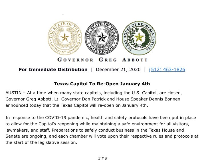 TXGOPCaucus's tweet photo. Your Texas Capitol will be open ahead of the upcoming 87th Legislative Session! Starting January 4th, you can visit the grounds and building again. #txlege https://t.co/utblTbQuiD