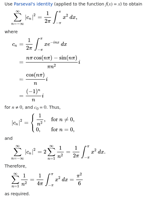 (12) Proving Basel Problem using Fourier Series (unknown):From:  https://en.wikipedia.org/wiki/Basel_problem