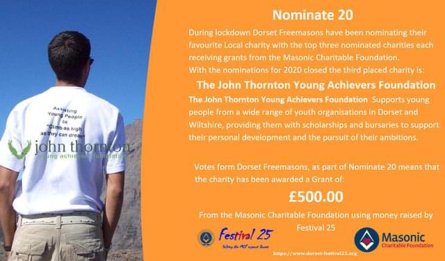 The John Thornton Young Achievers Foundation supports young people from a wide range of youth organisations - as part of #Nominate20 the charity has been awarded a Grant of £500 by the Masonic Charitable Foundation using money raised by #Festival25